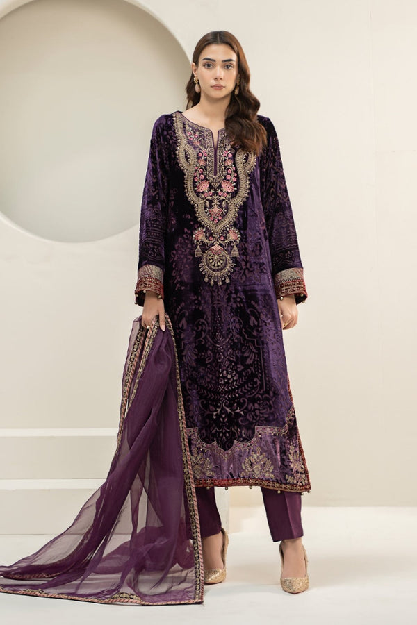 3 Piece Embroidered Plush Suit | DW-W24-174 | Purple