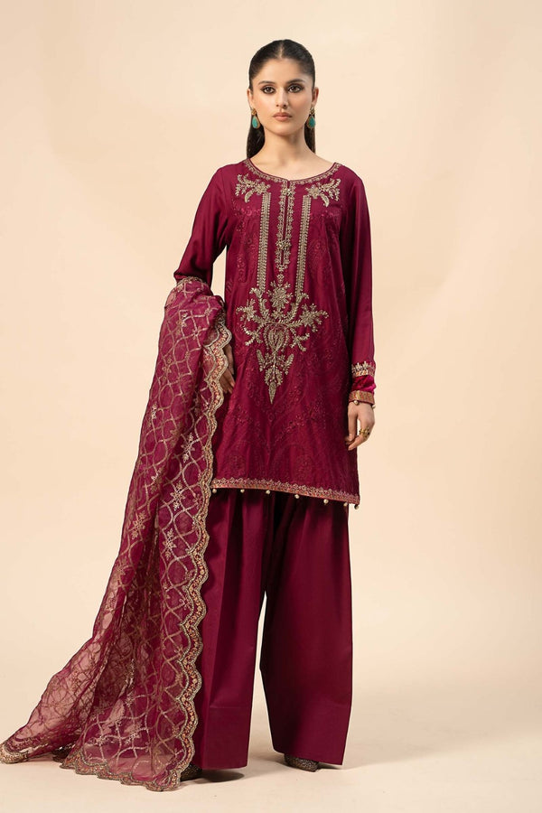 3 Piece Embroidered Linen Suit | DW-W24-106 | Purple