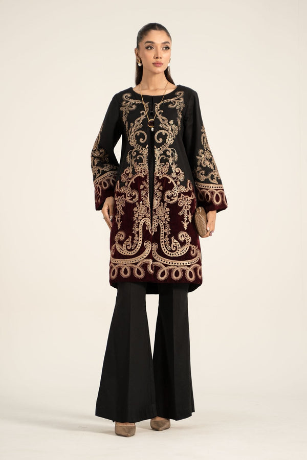 3 Piece Embroidered Khaddar Suit | DW-W24-113 | Black & Maroon