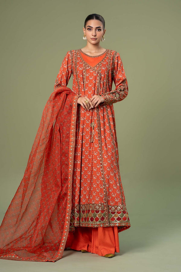 3 Piece Embroidered Linen Suit | DW-W24-128 | Orange