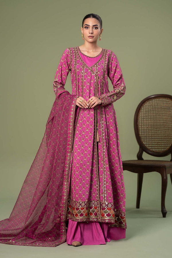 3 Piece Embroidered Linen Suit | DW-W24-128 | Pink