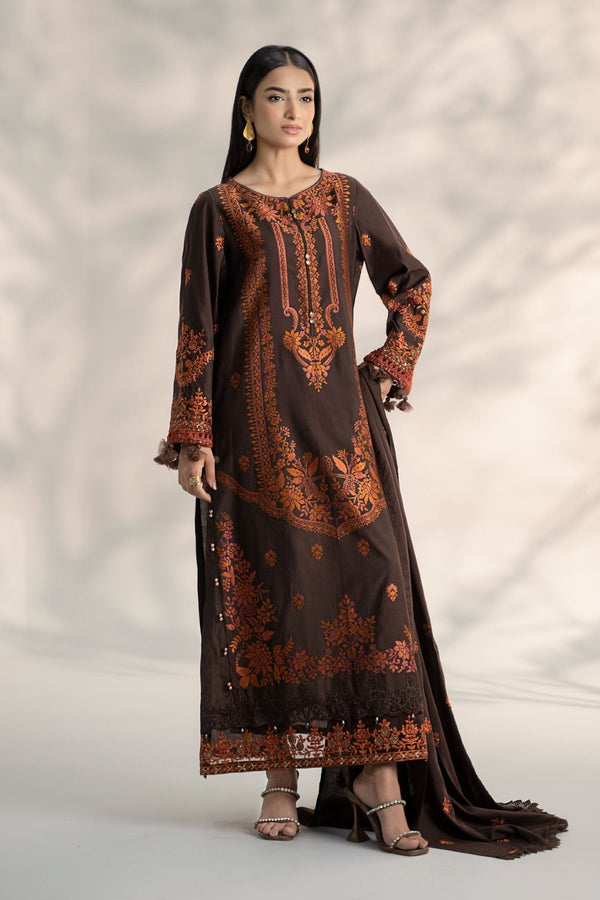 3 Piece Embroidered Linen Suit | DW-W24-21 | Brown