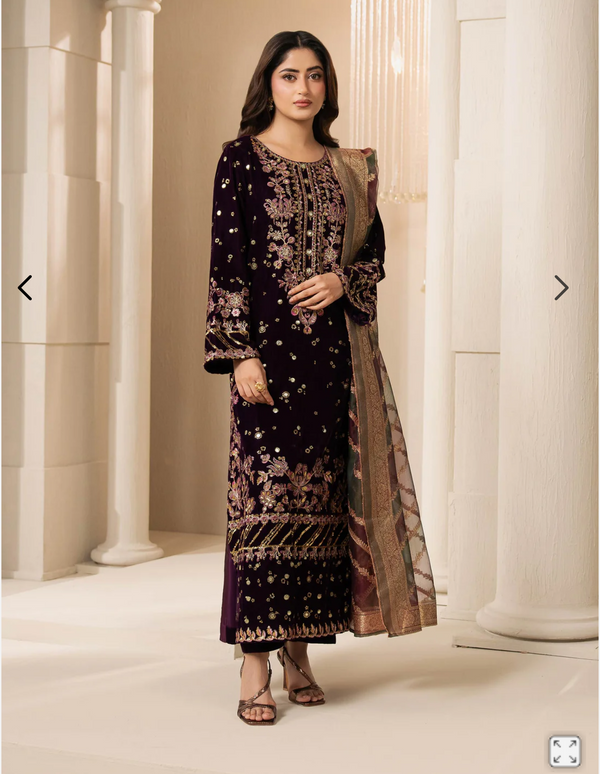 3 Piece Velvet Suit-Embroidered (Pret)
