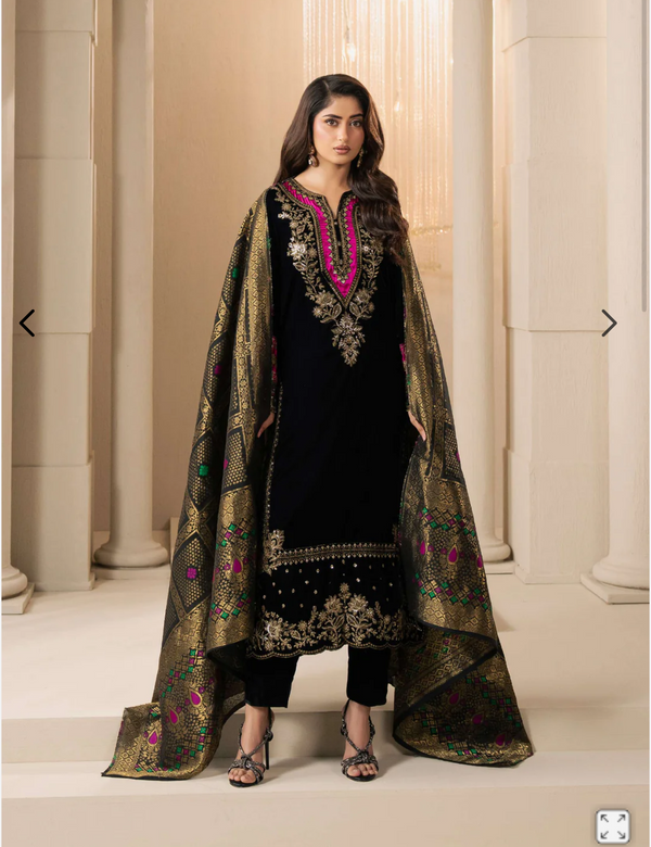 3 Piece Velvet Suit-Embroidered (Pret)