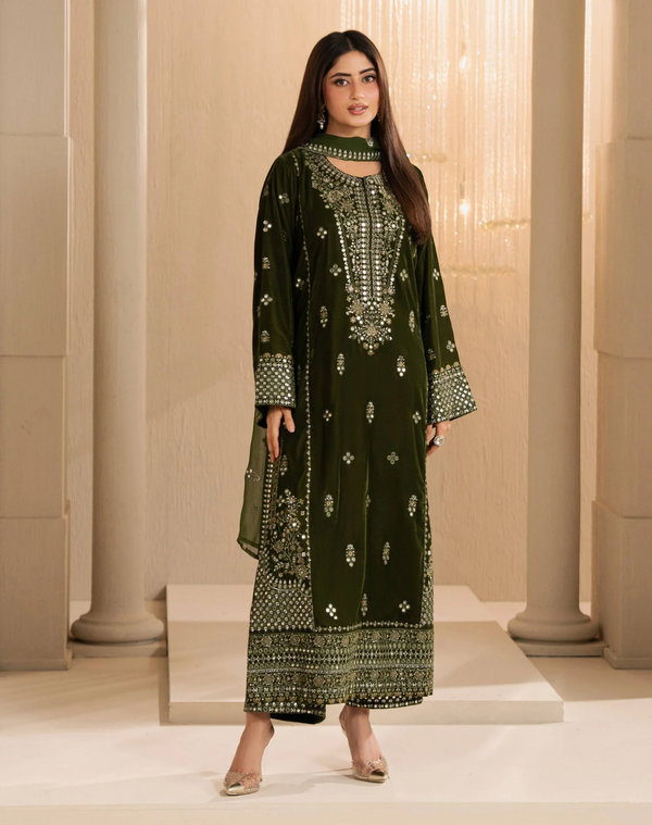 3 Piece Velvet Suit-Embroidered