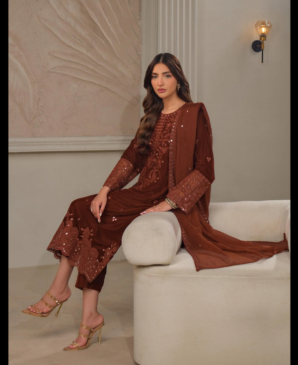 3 Piece Velvet Suit-Embroidered