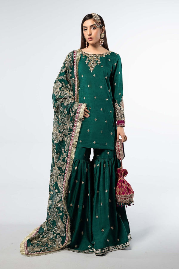 3 Piece Embroidered Raw Silk Suit | SF-W24-06 | Green