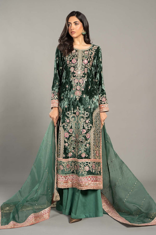 3 Piece Embroidered Velvet Suit | SF-W24-21 | Green