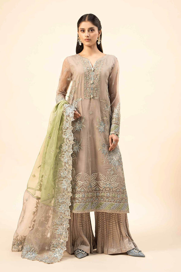 3 Piece Embroidered Raw Silk Suit | SF-W24-27 | Grey