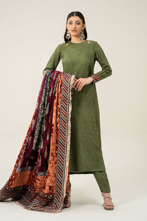 3 Piece Embroidered Raw Silk Suit | SF-W24-30 | Green