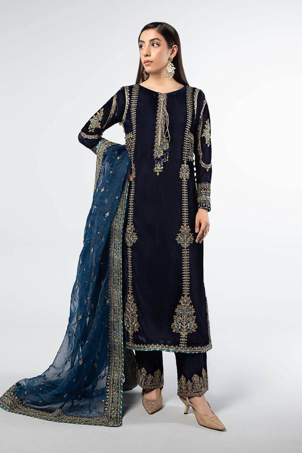 3 Piece Embroidered Velvet Suit | SF-W24-34  | Navy Blue