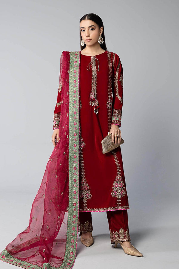 3 Piece Embroidered Velvet Suit | SF-W24-34 | Pink