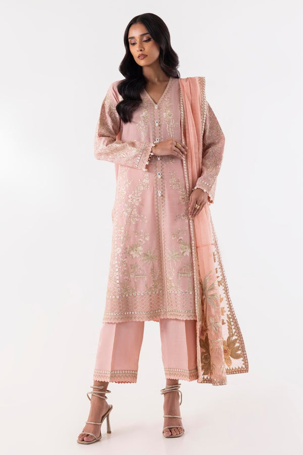 Stitched Pink Emboidered Shirt + Culotte + Dupatta